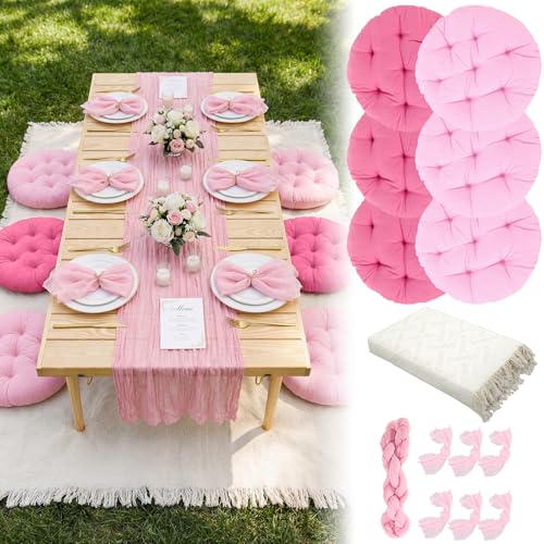 Beeveer 91 x 71'' Extra Large Outdoor Picnic Blanket with Pink Table Runner 6 Napkins and 6 Pink Floor Pillows Cushions for Picnic Party Camping Wedding Bachelorette Birthday Baby Shower Decor - color: Pink