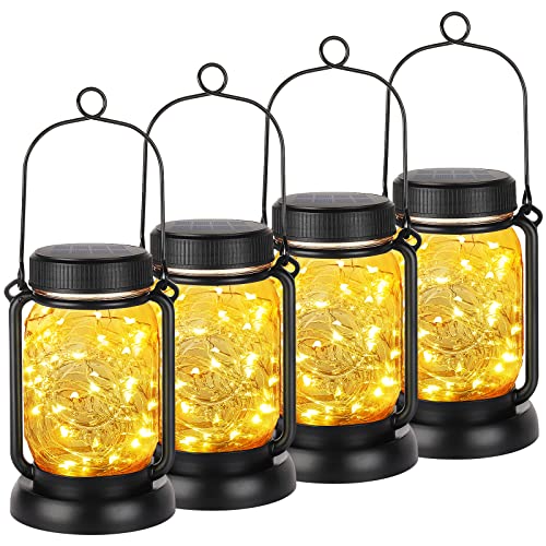 Mlambert 4 Pack Solar Hanging Lantern with Stakes, Outdoor Waterproof Solar Mason Jar Fairy String Lights Decorative Vintage Glass Lamp-Warm White - color: Warm White
