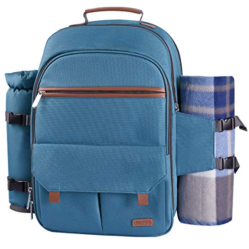 Sunflora Picnic Backpack for 4 Person Set Pack with Insulated Waterproof Pouch for Family Outdoor Camping(Light Blue) - color: Light Blue, size: 4 person
