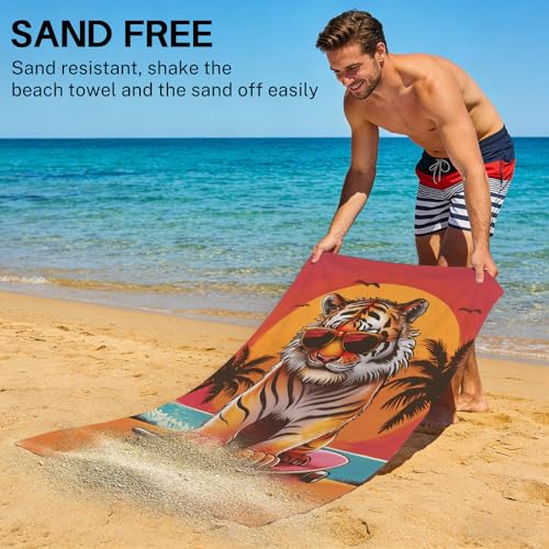 Tiger Beach Towel Funny Tiger Skateboarding Bath Towel for Kids Adults, Microfiber Lightweight Quick Dry Animal Red Orange Sunset Palm Tree Surf/Swim/Pool/Travel Towels, Oversized 32x52 - color: Tiger