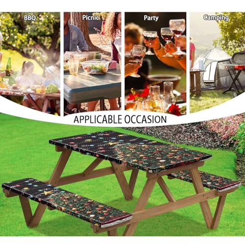 Christmas Tree Elastic Picnic Table Cover with Bench Covers Colored Lights Xmas Decoration Camping Table Cloth for Picnic Table 3 PCS Set Size S/L - color: Christmas Tree Colored Lights Decoration, size: Small