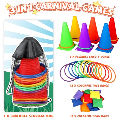 31 PCS Christmas Carnival Games, 3 in 1 Indoor Outdoor Bean Bag Ring Toss Games for Kids Birthday Party, Plastic Soft Cones Yard Lawn Game for Family Party Kid's Gift