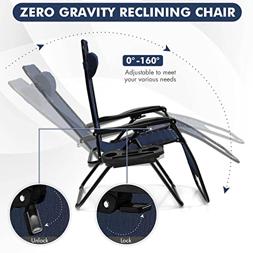 Giantex Zero Gravity Reclining Chair, Outdoor Patio Recliner with Cup Holder & Removable Pillow, Adjustable Backrest, Indoor Lounge Chair for Backyard, Garden, Poolside (Navy) - color: Navy, size: 1 Count (Pack of 1)