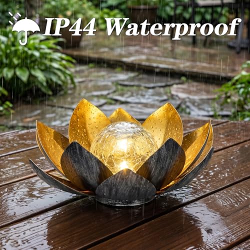 MEBRUDY Solar Lights Outdoor Garden Decor, Bright Globe Glass Lotus Flower Lamp, IP44 Waterproof Gold Metal Lotus LED Lights for Patio, Yard, Lawn, Tabletop Outside Decor, Garden Gifts for Mom Women - color: Gold