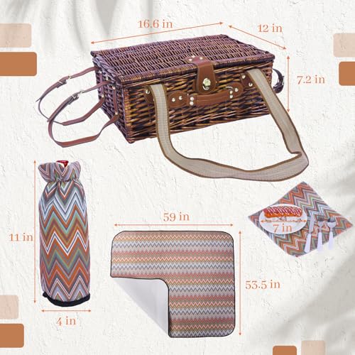 Neti Neti Wicker Picnic Basket for 2 Boho with Insulated Cooler & Waterproof Blanket – Large Willow Picnic Hamper for Outdoor, Camping, Beach, Romantic Dates, Valentine’s Day - color: Boho 3