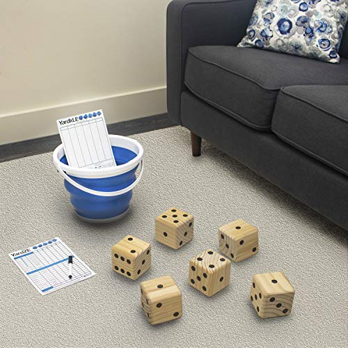 GETMOVIN SPORTS Giant Wooden Playing Dice Set with Roll Bucket and Scorecard, Outdoor Lawn Yard Game - Includes 6 Dice, Dry Erase Scorecard W/Marker, Roll Bucket, Carrying Bag (3.5" Dice)