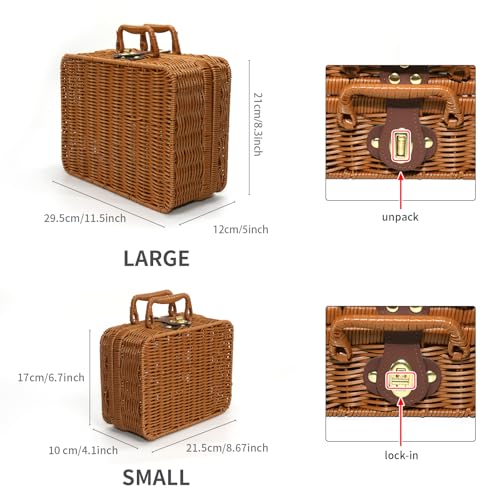 Mini Wicker Picnic Basket, Decorative Prop Suitcase Vintage Storage Hamper Makeup Organizer, 11.5" Metal Lock Plastic Rattan Storage Box with Handles for Sundries Travel Camping and Outdoor Party (L) - color: Brown, size: Large