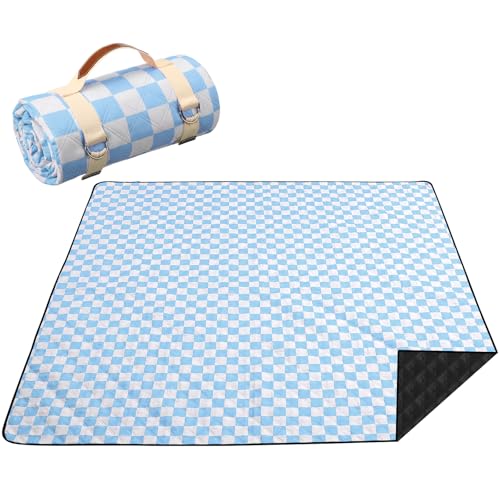Nuanchu Checkered Picnic Blanket Extra Large Outdoor Blanket Sandproof 80"x80" Waterproof Portable Machine Washable 3 Layer Thick Gingham Picnic Mat for Beach Camping Park Grass Travel(Light Blue) - color: Light Blue