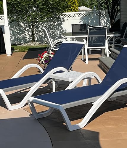 PURPLE LEAF Patio Chaise Lounge Chair Set of 3 Outside Aluminum Plastic Stackable Tanning Chairs with Armrests and Side Table for Pool Sunbathing Beach Deck Outdoor Lounger, Navy Blue - color: Navy Blue, style: 2 chairs(w/Arms) + 1 table
