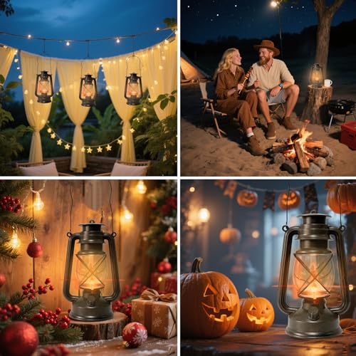 Vintage Lantern LED Outdoor Battery Powered Lanterns with Dancing Flame Wick Waterproof Camping Lamp Non-Solar Hanging Lantern Lights Landscape Decor for Indoor/Outdoor Use- Bronze Color - style: Bronze color