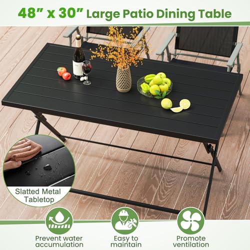 Tangkula 48" Foldable Outdoor Dining Table, Rectangular Metal Patio Table with Slatted Tabletop, Folding Bistro Barbecue Picnic Dinner Table for Indoor Kitchen Outside Garden Backyard Balcony Lawn