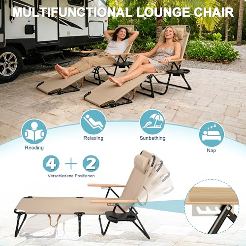 Outdoor Chaise Lounge Chair with 4-Position Adjustable Backrest, Patio Folding Sun Tanning Chair, Pillow & Cup Holder, Portable Recliner Sunbathing Lounger Chairs for Pool Beach Lawn Garden (Beige) - color: Beige