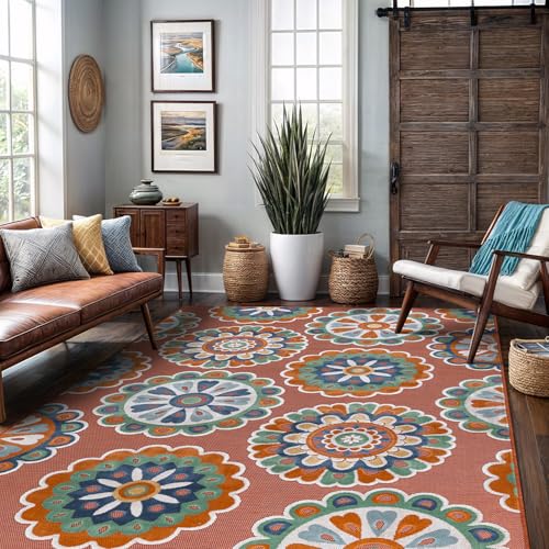 Outdoor Rug 10x14 Washable Area Rugs Indoor Outdoor Carpets Orange Bohemian Medallion Non Shedding Waterproof Easy Clean Patio Deck Porch Living Room Bedroom Garden RV (10 X 14 Orange) - color: 2-orange, size: 10' x 14' (Rectangular)