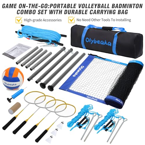 Badminton & Volleyball Combo Set 32 ft with Net, Anti-Sagging Design, 4 Badminton Rackets, 3 Birdies and PU Volleyball for Backyard Lawn Beach - color: Blue