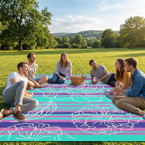 Garvee 8x10 Outdoor Waterproof Rug, Floral Outdoor Area Rug，Reversible Plastic Straw Patio Rug, Portable Camping Mat for RV, Picnic, Beach, Balcony, Garden & Camping Purple&Blue - color: Purpleblue, size: 8' x 10' (Rectangular)