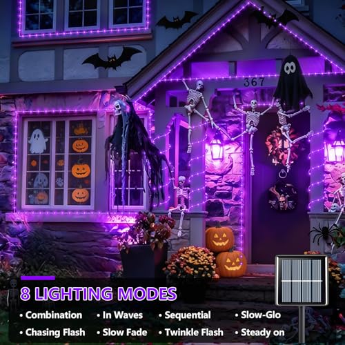 YEGUO Purple Solar Halloween Lights, 66ft 200 LED Solar Rope Lights Outdoor Waterproof, 8 Modes Fairy Lights in Clear Thin Tube - color: Purple