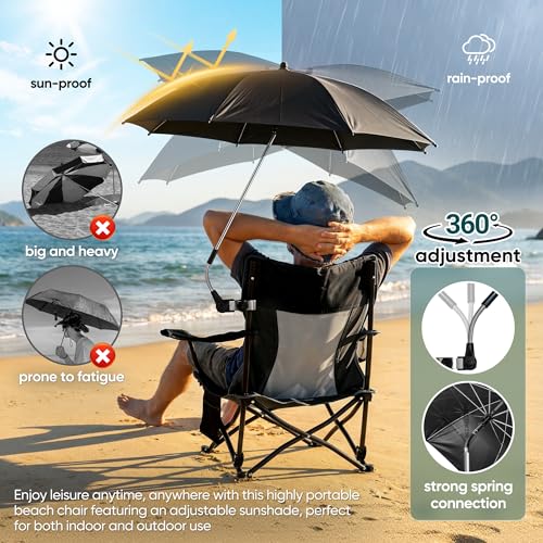HaSteeL Low Beach Chair Set of 2, Foldable Black Camping Chair with Adjustable Umbrella Set for Adults, Lightweight Portable Lawn Chairs for Fishing, Picnic, Outdoor BBQ, Travel, Sports - color: Black Chairs + Black Umbrella
