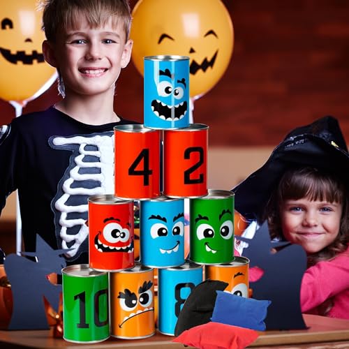 Bean Bag Toss Game for Kids Outdoor Indoor Family Fun, Knockdown Tin Can Alley Game for Holiday Birthday Party Games - 10 Funny Face Cans and 3 Beanbags