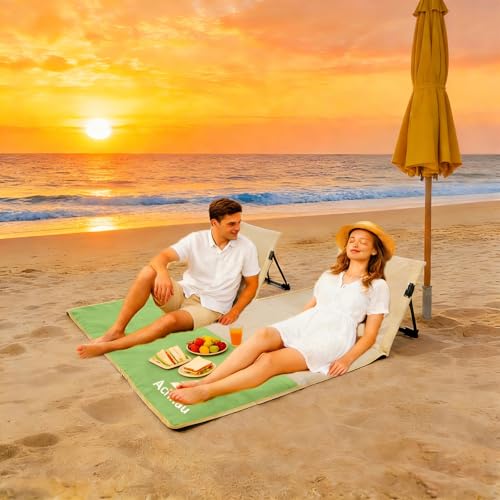 Beach Mat Lounge Chair 2-Person Foldable, Lightweight Lounge Mat with Back Support,600D Oxford 49"x49" Widen Beach Seat Storage Bag for Holidays Garden Camping Swimmingpool (Khaki & Green) - color: Khaki & Green