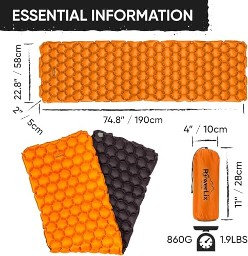 POWERLIX Ultralight Inflatable Camping Sleeping Pad - Camping Mattress for Backpacking, Hiking, Compact Lightweight Sleeping Mat for Camping, Inflation Bag/Repair Kit Included - color: Orange & Black