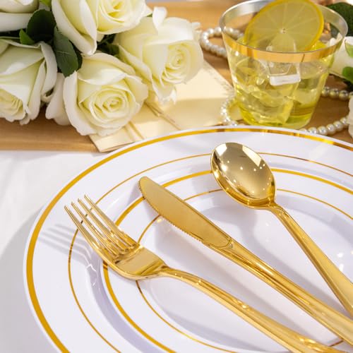 WELLIFE 300 PCS Gold Dinnerware Set for 50 Guests, Gold and White Disposable Plastic Plates for Party, 50 Dinner & Salad Plates, 50 Cups Forks Knives Spoons for Wedding and Party Supplies - color: Gold, size: 50 Guests