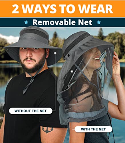 GearTOP Wide Brim Sun Hat for Men & Women, UPF 50+ Fishing Hat with Detachable Neck Flap & Face Cover Gardening Boonie Sunhat - color: Dark Gray With Net
