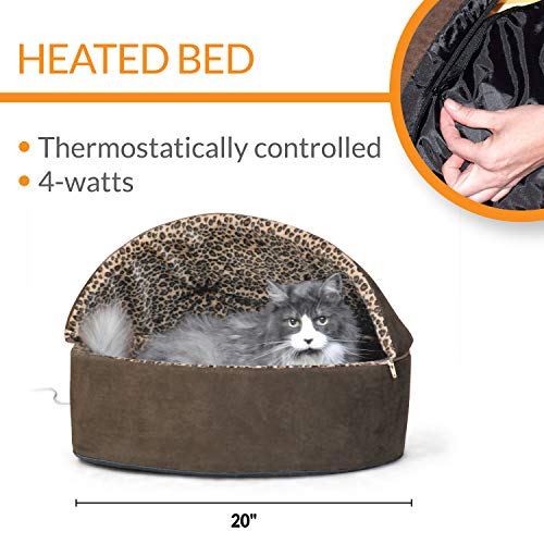 K&H Pet Products Thermo-Kitty Bed Deluxe Heated Cat Bed for Large Kitties - Indoor Heated Pet Bed for Dogs & Cats, Covered Cave Pet Tent, Machine Washable, Safety Listed - Large 20in Mocha/Leopard - color: Mocha, size: Large 20 Inches 4 Watts