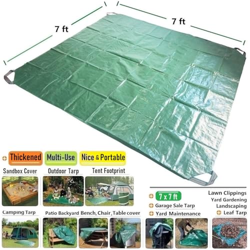 7x7 Ft Yard Garden Leaf Tarp W/ 4 Handles Waterproof Tarp for Sandbox Cover,Outdoor Tarpaulin,Lawn Debris,Landscape Pruning,Leaf Hauler,Tent Footprint,Camping Tent Mat,Patio Table,Yard Fire Pit Cover
