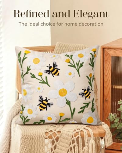 Embroidered Throw Pillow Cover 18x18 Inch - Spring Summer Boho Decorative Pillow Cover with Zipper for Living Room Couch Sofa Bed Aesthetic Design Flower Bee Cushion Pillowcase - color: Flower Bee, size: 18" x 18" (Pack of 1)