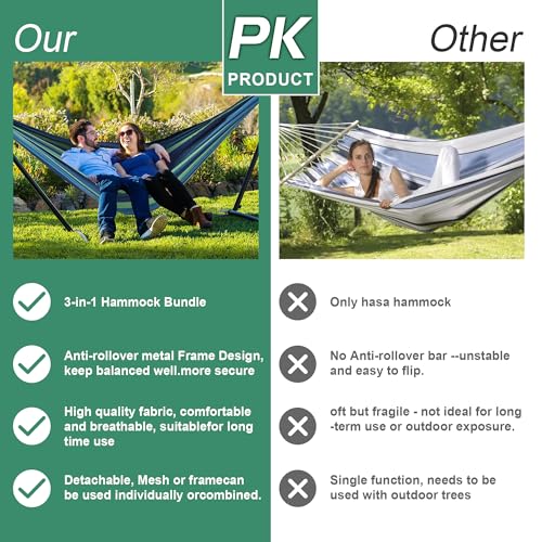 Hammock with Stand for Outside,600lb Weight Capacity 3-in-1 Adjustable Height Portable Hammock for Outdoor&Indoor Camping Backyard Bedroom(Hammock, Stand & Carry Bag)