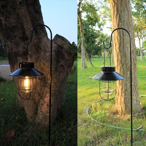 Solar Lantern 2pack Outdoor Hanging Light- Waterproof Vintage Metal Light with Shepherd Hook Decorative for Patio, Backyard, Porch, Yard (Black) - color: Black