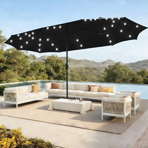 13Ft Large Patio Umbrella with Solar Lights Outdoor Double-Sided Market Table Umbrella Easy Crank for Yard, Poolside, Deck-Black - color: Black, size: 13FT Umbrella+Light