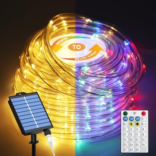 ICRGB Solar Rope Lights Outdoor, 66Ft 200LED 1800mAh Christmas String Lights with Remote, Type C, 19 Modes & Timer, IP67 Waterproof, Solar Light for Tree Patio Porch, Warm White to Multicolor - color: Multicolor to Warm white, size: 66FT