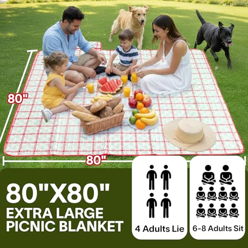 Alvantor® Extra Large Picnic Blanket, 80"x80" Waterproof Outdoor Blanket, Foldable Camping Blanket with Hook & Loop Straps, Portable for Beach, Park, Travel, Sandproof, Soft & Durable,Red - color: Red and White