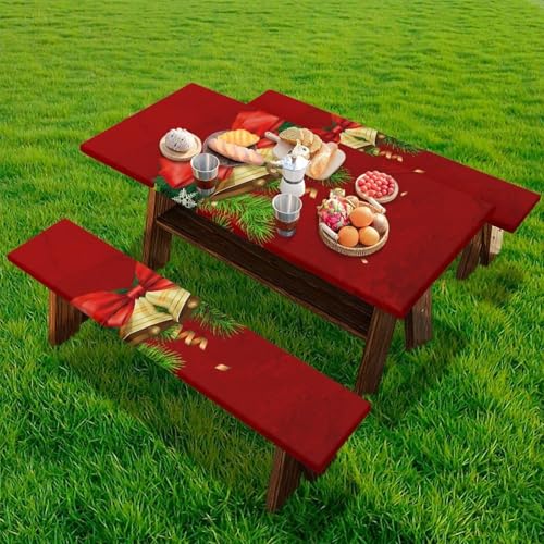 Christmas Elastic Fitted Table Cloth for Camping Party Christmas Bells Picnic Table Cover with Bench Covers 3 PCS for Outdoors - color: Christmas Bells, size: Small