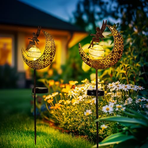 Fairy Garden Solar Lights Outdoor Decor, Moon Garden Stakes, Waterproof Outdoor Metal Decorations Gifts for Women and Mom, Art Moon Sculpture for Walkway, Yard, Patio, Garden and Porch, 2 Pack - size: 2