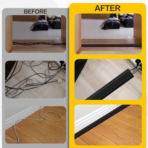 Floor Cable Cover 10Ft 2Pcs Heavy Duty PVC Cable Protector Electric Cord Hider Management Strip Extension Cord Covers Raceway for Wires Inner Channel 1.36" W x 0.43" H - Black - color: Black, size: 10Ft - 2PCS