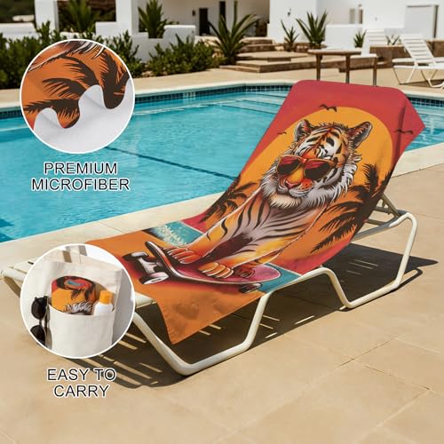 Tiger Beach Towel Funny Tiger Skateboarding Bath Towel for Kids Adults, Microfiber Lightweight Quick Dry Animal Red Orange Sunset Palm Tree Surf/Swim/Pool/Travel Towels, Oversized 32x52 - color: Tiger