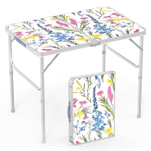 VINGLI 3FT Small Folding Camping Table Adjustable Height Aluminum Folding Table for Picnic Party BBQ, Plastic RV Suitcase Table Portable Lightweight Fold Up Utility Outdoor Tables - color: Flower, size: 3ft