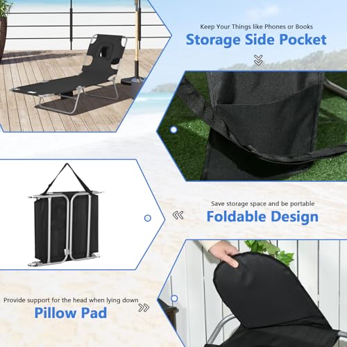Majnesvon Folding Beach Lounge Chair with Face Hole and Arm Slots, 5-Level Adjustable Sun Lounger Tanning Chair with Pillow for Patio, Garden, Beach, Pool (Black) - color: Black