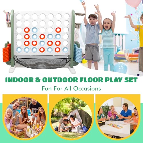 Giant 4-in-A-Row Connect Game Set, Adjustable Height Jumbo Yard Game with Golf, Basketball Hoop, Ring Toss & Mesh Pocket, Indoor & Outdoor Yard Connect Game for Kids Adults Family - color: Green