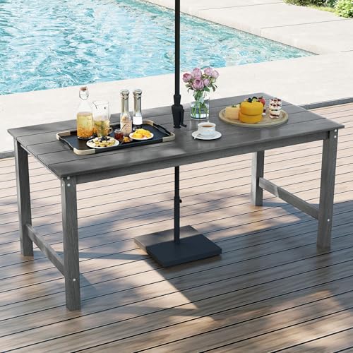 Tangkula HDPE Outdoor Dining Table for 6 Person, 67” Patio Table with Wood-Like Tabletop and Umbrella Hole, Weather-Resistant Rectangle Table for Garden, Backyard and Poolside (Gray, 1 Table) - color: Grey, size: 1 Table