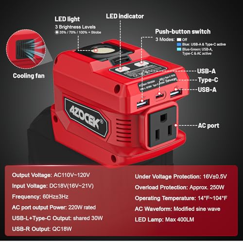 220W Azocek Power Inverter Compatible with Milwaukee 18V Battery, DC 18V to AC 110V Portable Power Station with 1 AC Outlet, 2 USB Ports & 1 Type-C Fast Charging, 400LM LED Work Light - color: Red, size: 1-PACK