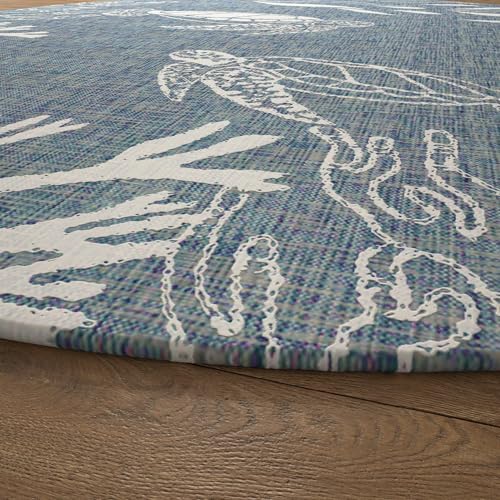 LR Home 5ft Round Indoor/Outdoor Area Rug | Turkish Carpet for Patio, Deck, Backyard, Garden, Front Porch, Picnic and Balcony | Graphic Farmhouse Boho Coastal, Beach, Coral Reef Themed Rug| Aqua/White - color: Aqua/White, size: 5'3" (Round)