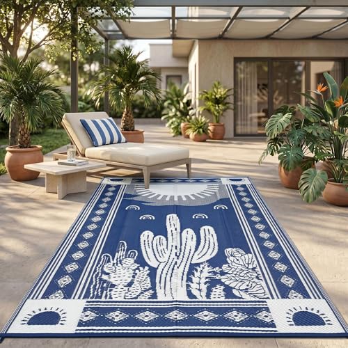 Garvee Waterproof Outdoor Rug 5x8, Cactus Botanical Outdoor Plastic Straw Rug for Camping, Reversible RV Mat Outside, Indoor Outdoor Carpet for Porch, Deck, Backyard, Balcony, Picnic, Navy & White - color: Navy & White-cactus, size: 5' x 8' (Rectangular)