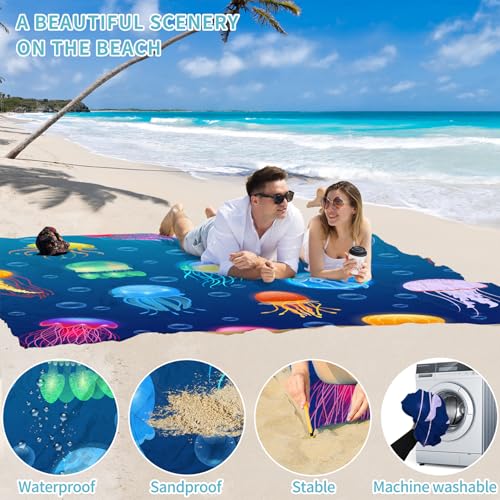 Beach Blanket Waterproof Sandproof 78''×81'' Large Suits 1-5 Adults Oversized Lightweight Picnic Mat Sand-Free Blanket for Camping Hiking Beach Travel - color: Jellyfish, size: 78''x81''