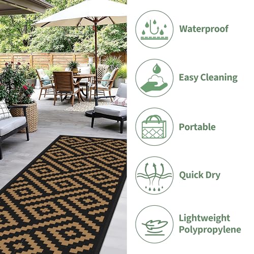 sarben Outdoor Rug for Patio - Waterproof Plastic Straw Camping Rugs 2.5x8 ft, Reversible Outdoor Indoor RV Mat Carpet for Patio, Porch, Deck, Balcony, Picnic, Beach, Black Brown - color: Black&brown, size: 2'6" x 8' (Rectangular)