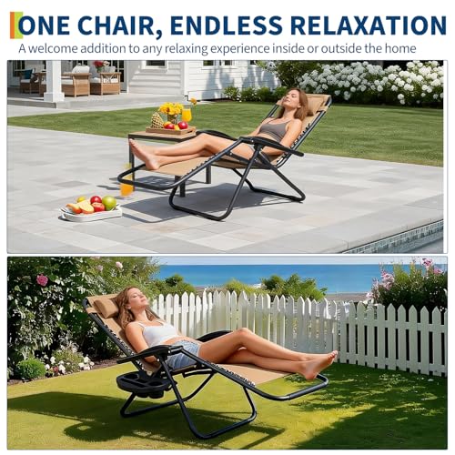 Garvee Camping Chairs Set of 2, Patio Lounge Chair Outdoor with Pillows & Cup Holder Trays, Adjustable Folding Patio Lawn Chair for Deck,Beach, Yard Khaki - color: #Black