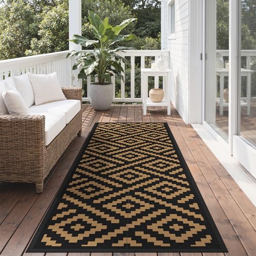 sarben Outdoor Rug for Patio - Waterproof Plastic Straw Camping Rugs 2.5x8 ft, Reversible Outdoor Indoor RV Mat Carpet for Patio, Porch, Deck, Balcony, Picnic, Beach, Black Brown - color: Black&brown, size: 2'6" x 8' (Rectangular)