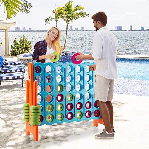 Costzon Giant 4-in-A-Row, Jumbo 4-to-Score Giant Game Set for Kids & Adults, Indoor Outdoor Yard Connect Game, 3.5FT Tall with 42 Jumbo Rings & Quick-Release Slider, Perfect for Family & Party Games - color: Baby Blue/Orange